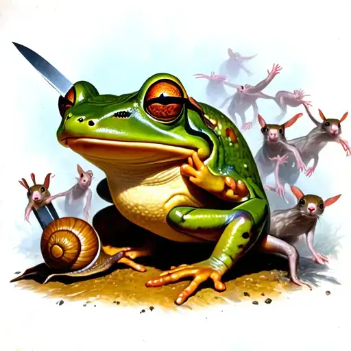 Frog Fighting A Snail With Knife Surrounded By Crowd Of Rats Chanting