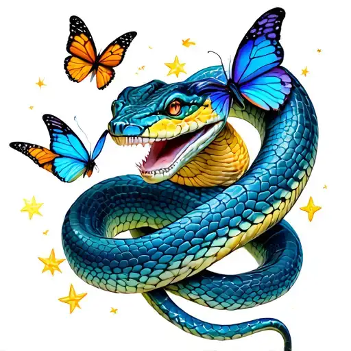 Snake Wrapped With Stars And Butterflies Fluttering