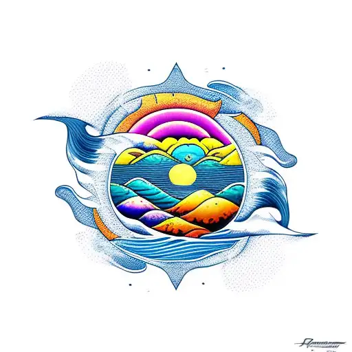 Sun Mountains And Waves In A Cicular Shape