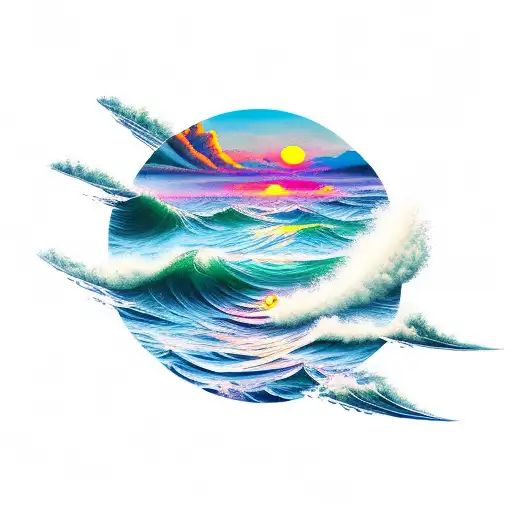 Sun Mountains And Waves In A Cicular Shape