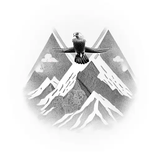 A Black-grey Tattoo Featuring A Mountain Landscape With An Eagle Flying Above