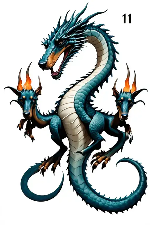 Gray Wash Long Hydra Dragon With Doberman Heads And Number 11