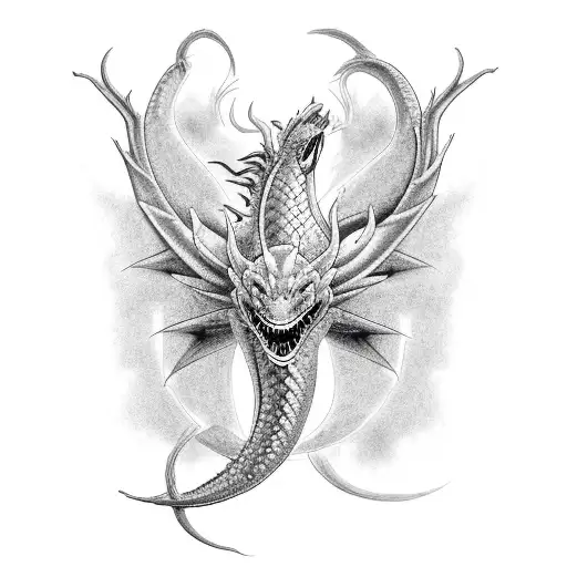 Design A Black-grey Tattoo Of The Pisces Sign Intertwined With A Dragon