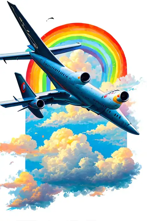 Airplane Flying Near Rainbow And Clouds