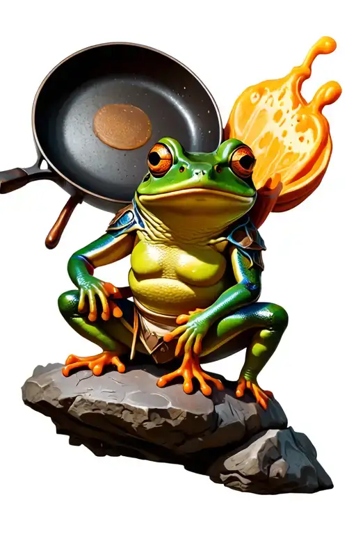 A Whimsical Frog Warrior Sitting On A Rock With A Big Frying Pan On His Back
