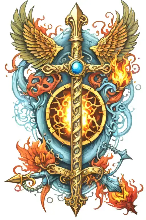 Caduceus Intertwined With Dna And Double Edge Sword On Fire With Chakra Colour And 3Rd Eye