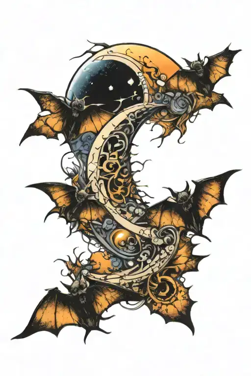 Futuristic Crescent Moon With Mini Bats Surrounding It