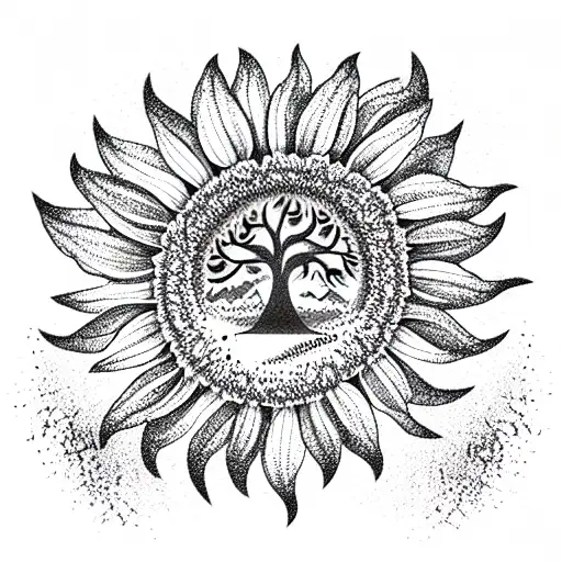 Sunflower With Tree Of Life With Mountains In The Back Ground And Waves
