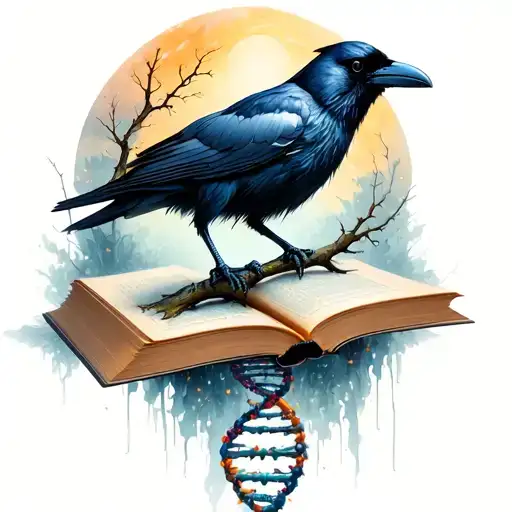 Raven With A Branch That Fades Into A Dna Molecule Standing On A Book