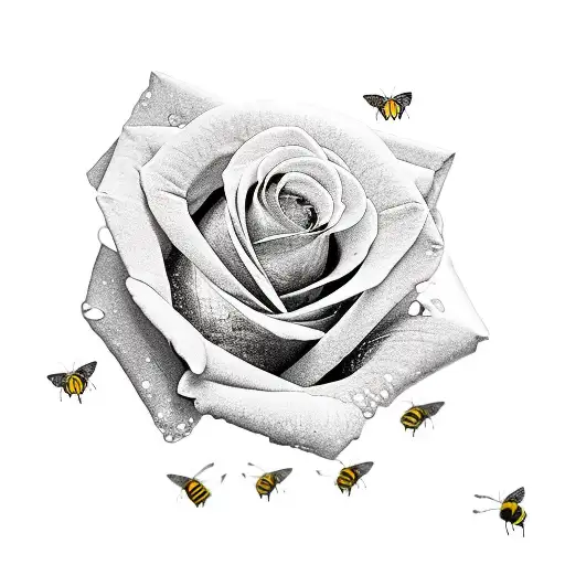 Red Rose With Green Butterfly And Bumblebee