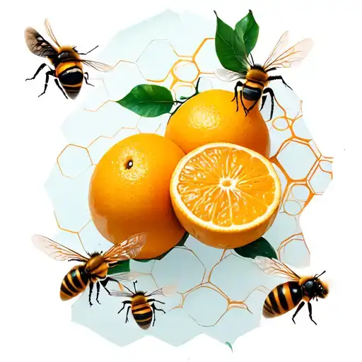Oranges With Honeycomb Background And Bees Flying