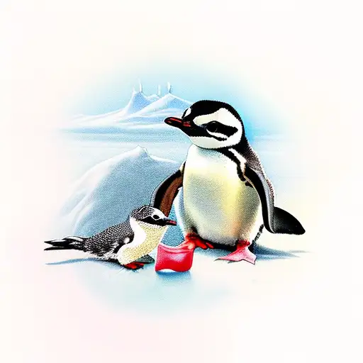 Baby Bird Sitting On End Of Baby Penguins Beak