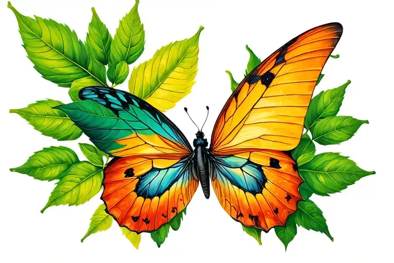 Leaf Left And Right With Butterfly In The Middle