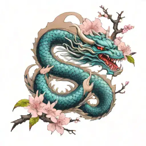Japanese Dragon Tattoo Surronded By Cherry Blossoms Trees