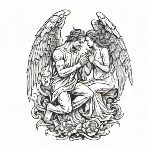 Angel Woman Standing Vs Devil Man Kneeling Praying