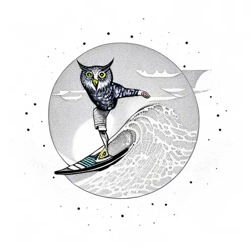 A Surfer Riding A Wave With A Mountain Backdrop With A Owl Outline