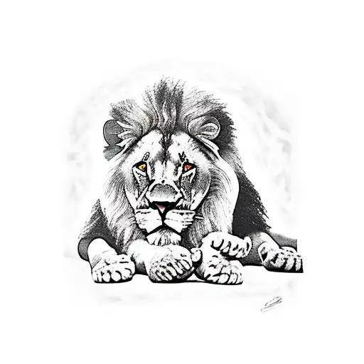 Lion Laying With Paws Infront And Rose Inbetween Paws