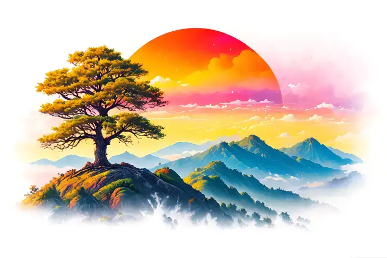 Tree And Hill Colorful Sunset Sky