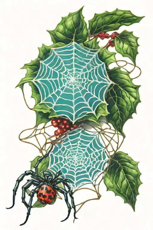 Holly Plant With Spider Weaving A Web