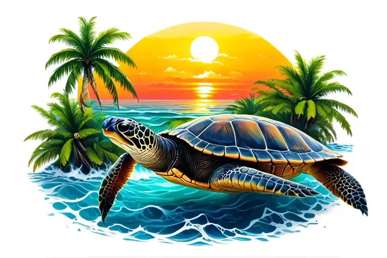 Sea Turtle And Palm Trees Colors Sunset