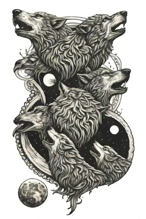 Three Wovles Howling At The Moon Surrounded