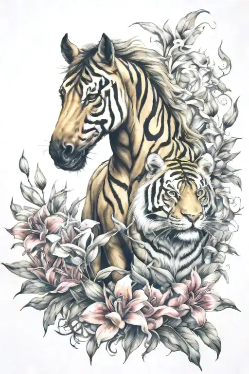 Horse And Tiger Surrounded By Lillys