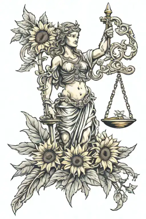 Lady Justice Holding Ukrainian Tryzub Trident With Sunflowers In Background