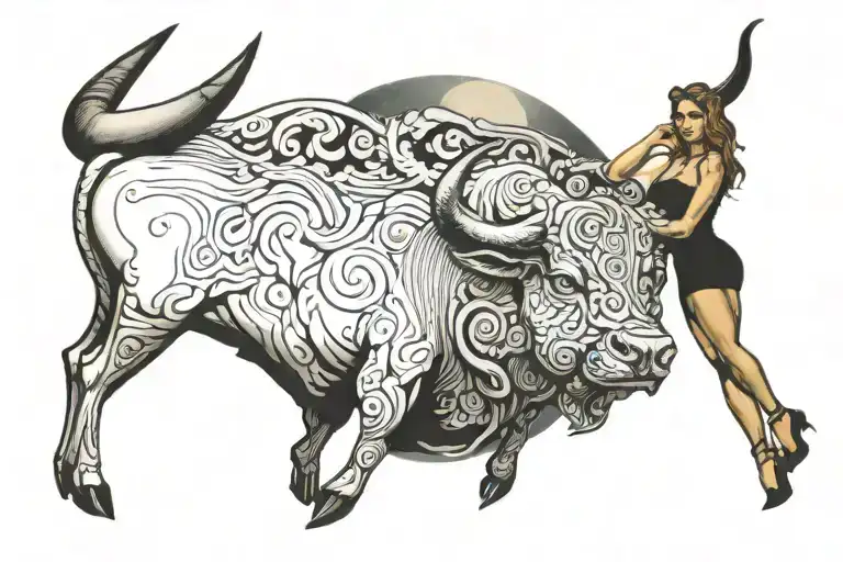 Taurus Bull And Woman Posed In Front Of Full Moon