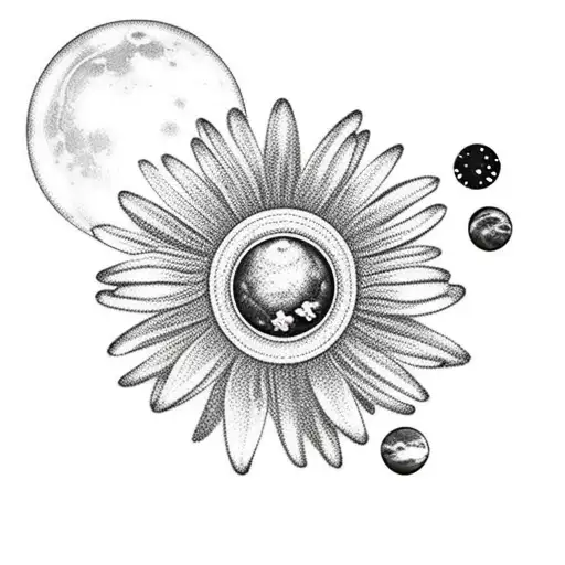 A Daisy Flower And Stars Around Moon In The Background