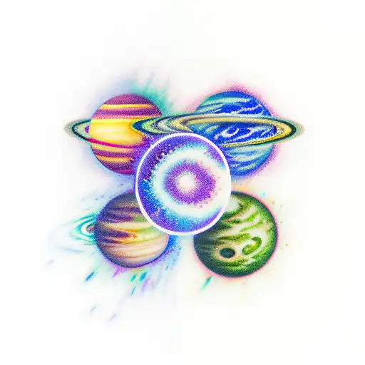 Four Planets Floating Through The Galaxy Red Blue Purple Green