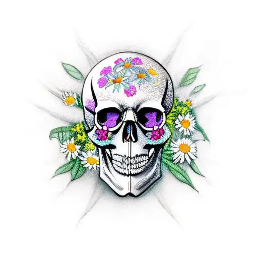 Skull With Daisies And Butterfly
