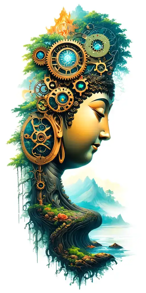 Path Of Enlightenment With Uncommon Buddhist Symbols Of Nature And Steampunk Mechanical Gears
