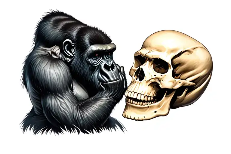 Gorilla Holding A Skull Looking At It
