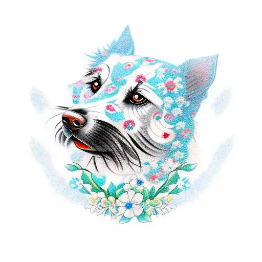 A Traditional Style Tattoo Of A Vira Lata Dog With Blue Eyes Surrounded By Flowers