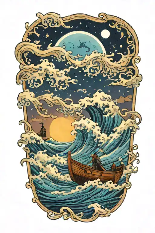 Tsnumani Wave Against The Night Sky Destryoing Boats