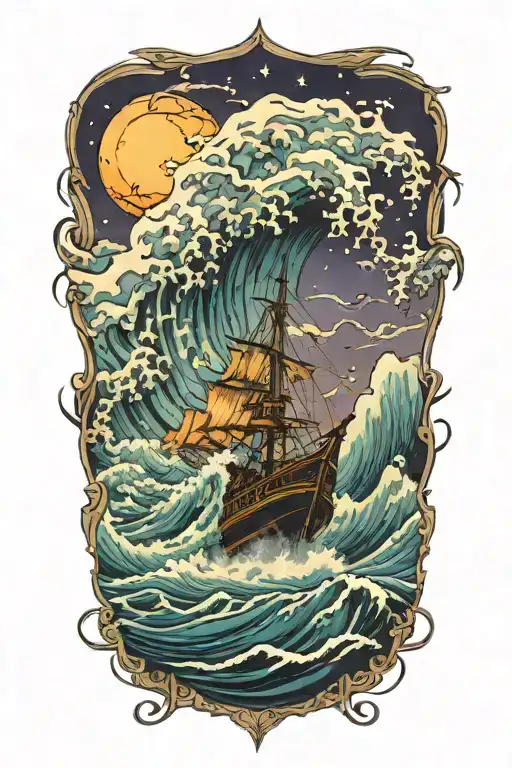 Tsnumani Wave Against The Night Sky Destryoing Boats With Raging Storm