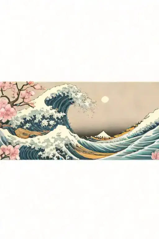 Cherry Blossoms Wrapping Around The Great Wave Off Kanagawa Against The Night Sky
