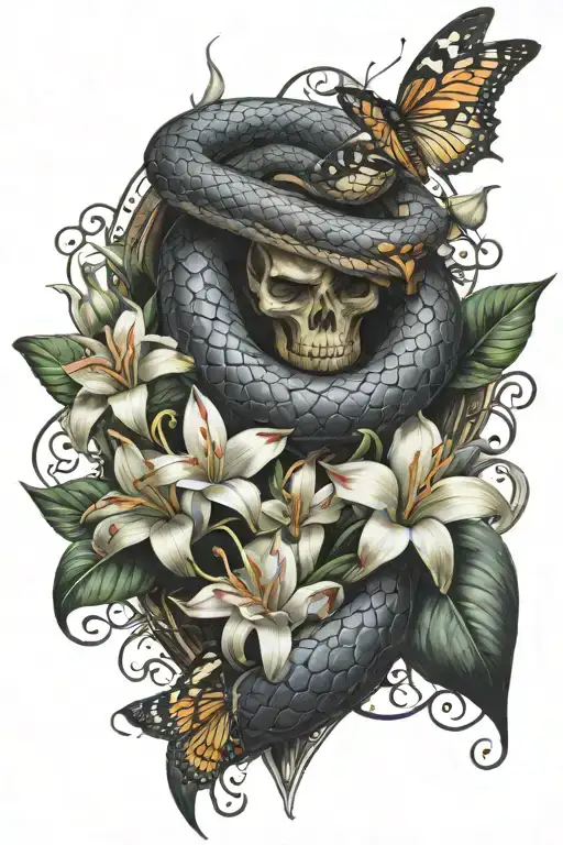 Snake Wrapped Around Dagger Surrounded By Butterflies And Lillies