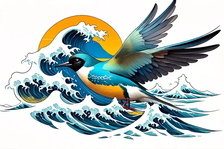 Swallow Bird With Tail Turning Into Japanese Ocean Waves
