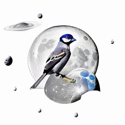 A Beautiful Bird On Top Of The Moon With Spirals Around The Background