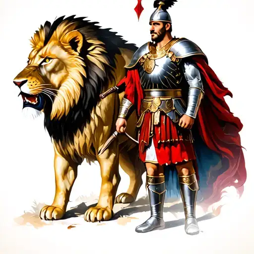 A Strong Roman Soldier With An Angry Lion On The Background