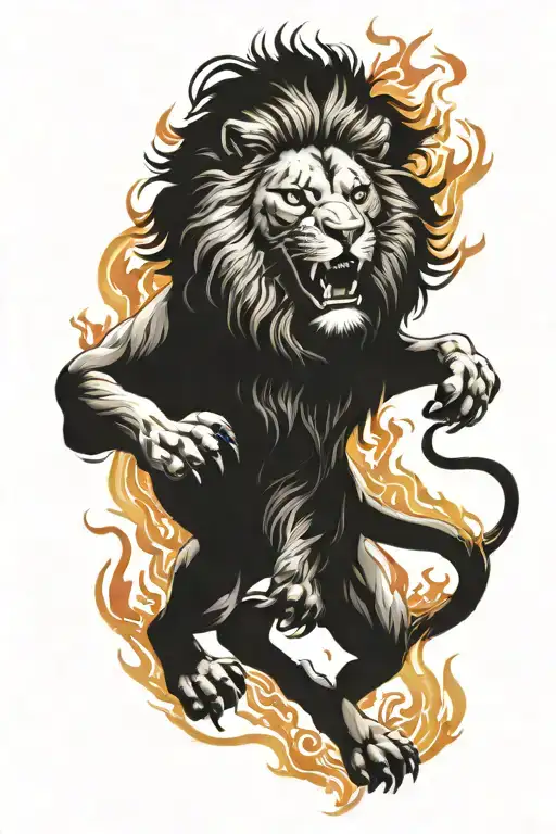 Fierce Lion Jumping Out Of The Flames Of Hell Towards Heaven