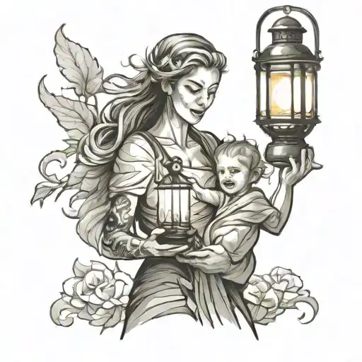 Mother Holding Lantern Shining Light Protecting Daughter Against Monster