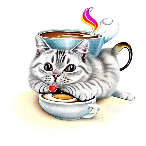 Fat Cute Cat With A Cup Of Coffee