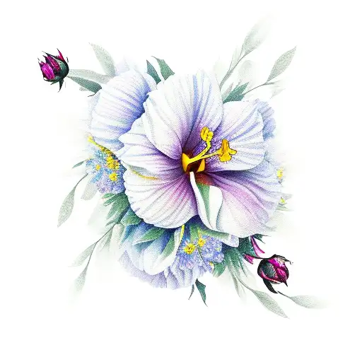 Bouquet Of Flowers With Daffodil Peony Hibiscus And Rose