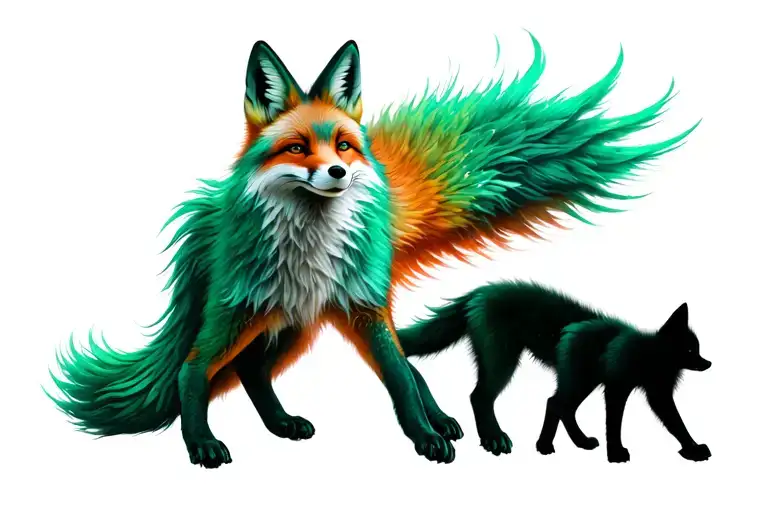 Multi-tailed Emerald Green Fox With A Shadow Of A Fox Kit Following Behind