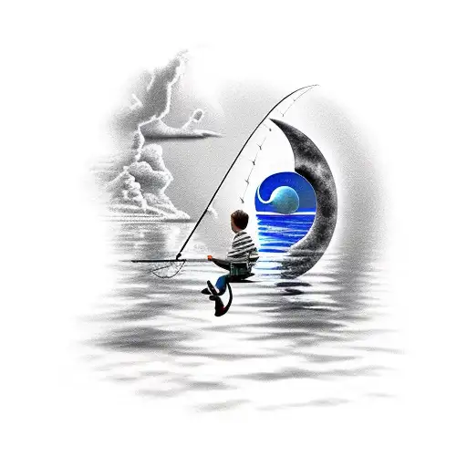 Boy Sitting On Crescent Moon Fishing To A Lake Below