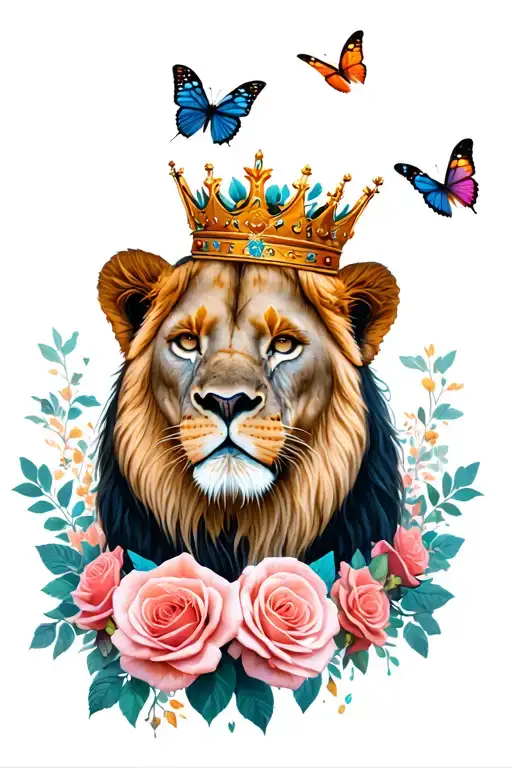 Lioness Wearing A Crown Surrounded By Roses And Butterflies