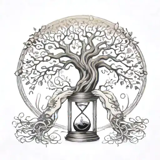 Tree Of Life And Hour Glass With Father And Son Holding Hands