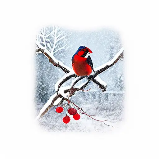 A Red Breasted Bird On A Branch With Three Red Berries In Winter Under Snow